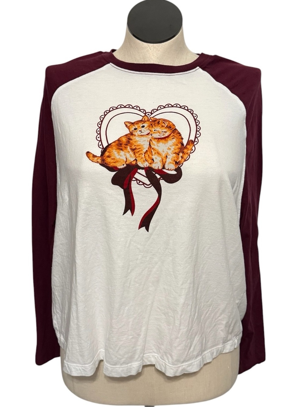 Grayson Threads Cream Tee with Burgundy Raglan Sleeves and Cat Heart Graphic